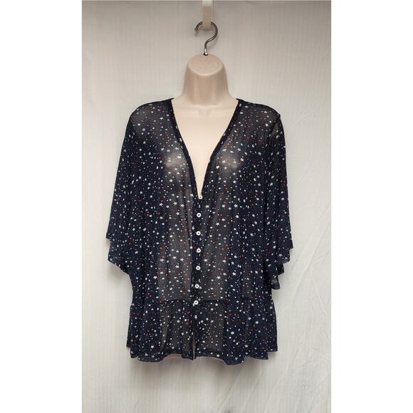 Lane Bryant 3/4 Bell Sleeve V-Neck Sheer Star Pattern Blouse Multi-Blue Sz 26-28 - Picture 2 of 8